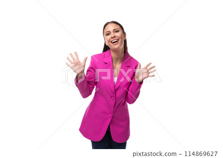 young brunette business woman dressed in a lilac suit on a white background with copy space young brunette business woman dressed in a lilac suit on a white background with copy space 114869627