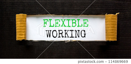 Flexible working symbol. Concept words Flexible working on beautiful white paper. Beautiful black paper background. Business flexible working concept. Copy space. Flexible working symbol. Concept words Flexible working on beautiful white paper. Beautiful black paper background. Business flexible working concept. Copy space. 114869669