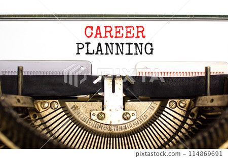 Career planning symbol. Concept words Career planning typed on beautiful old retro typewriter. Beautiful white paper background. Business, motivational career planning concept. Copy space. 114869691