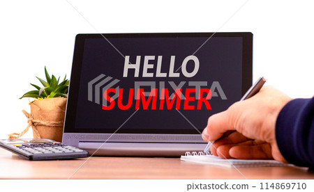 Hello summer symbol. Concept words Hello summer on beautiful black pad. Beautiful white background. Businessman hand. Calculator. Business lifestyle Hello summer concept. Copy space. Hello summer symbol. Concept words Hello summer on beautiful black pad. Beautiful white background. Businessman hand. Calculator. Business lifestyle Hello summer concept. Copy space. 114869710