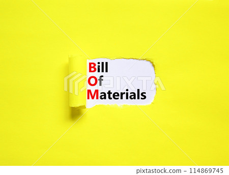 BOM bill of materials symbol. Concept words BOM bill of materials on beautiful white paper. Beautiful yellow table yellow background. Business and BOM bill of materials concept. Copy space. 114869745