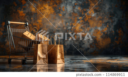 Shopping Cart Filled With Shopping Bags on Wet Floor 114869911
