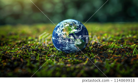 Blue Earth on Lush Green Field 114869918