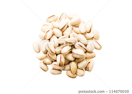pile Pistachios isolated on white background, top view. Flat lay Healthy food concept 114870030