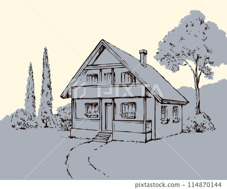 Vector drawing. House garden scene 114870144