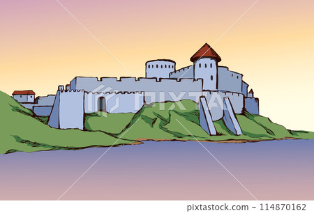 Ancient city on rock. Vector drawing 114870162