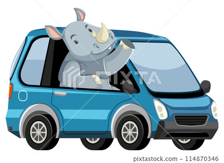 Rhino Driving a Blue Compact Car Rhino Driving a Blue Compact Car 114870346