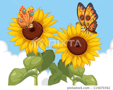 Butterflies on Sunflowers Vector Illustration Butterflies on Sunflowers Vector Illustration 114870362