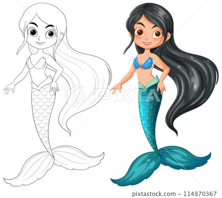 Colorful and Black-and-White Mermaid Illustrations 114870367