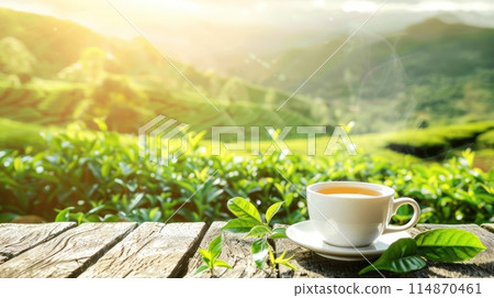 Wooden table blurred tea plantation background. Generative AI 114870461