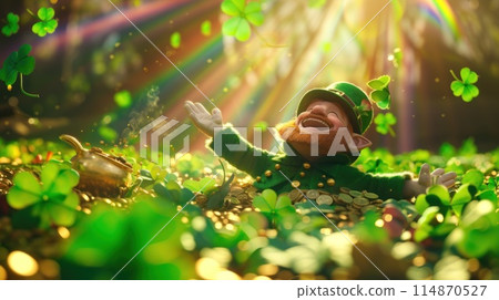 leprechaun surrounded by piles of gold in a field of four leaf clovers Rainbow abound. Generative AI leprechaun surrounded by piles of gold in a field of four leaf clovers Rainbow abound. Generative AI 114870527