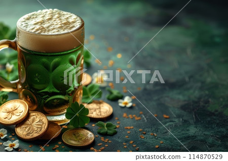Green beer, gold coins and clover, symbols of St. Patrick's Day celebration. Generative AI 114870529