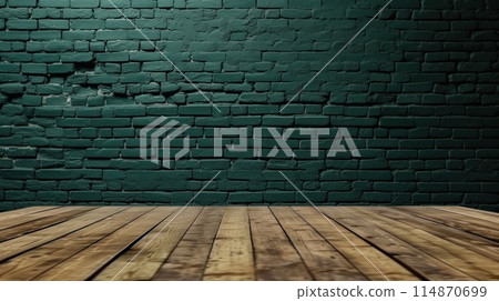 Green olive brick wall and wooden floor in an empty room, in the style of minimalist. Generative AI 114870699