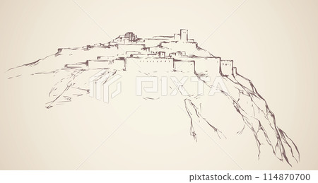 Ancient city on rock. Vector drawing 114870700