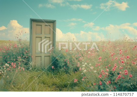 Door in field landscape at day, concept of new goals and progress. Generative AI 114870757
