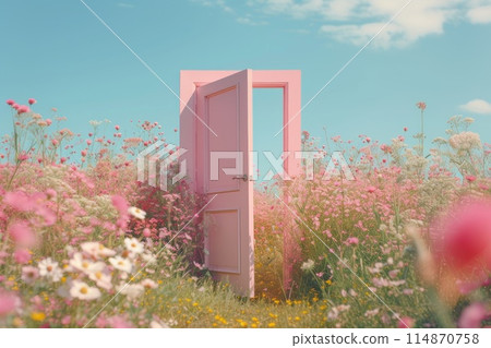 Door in field landscape at day, concept of new goals and progress. Generative AI Door in field landscape at day, concept of new goals and progress. Generative AI 114870758