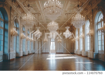 An Antique Ballroom with Crystal Chandeliers and Ornate decor. Generative AI 114870760