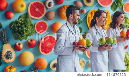 Group of Doctors Holding Trays of Fruit 114870813