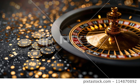Glittering Casino Roulette Table Surrounded by Gold Coins Glittering Casino Roulette Table Surrounded by Gold Coins 114870892