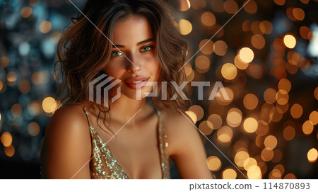 Woman in Gold Dress Posing for Picture Woman in Gold Dress Posing for Picture 114870893