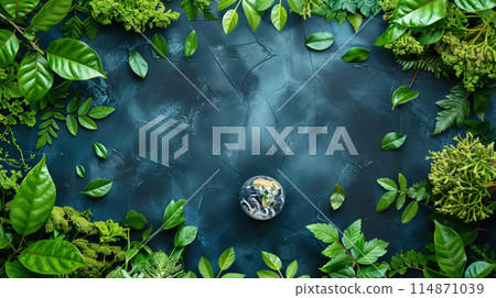 Earth Day Celebration Concept With Globe Surrounded by Green Leaves on Dark Background 114871039