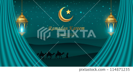 3D Islamic golden lantern star moon satin curtain decoration with desert landscape at night background. suitable for Ramadan, Raya Hari, Eid al Adha Islamic holiday 114871235
