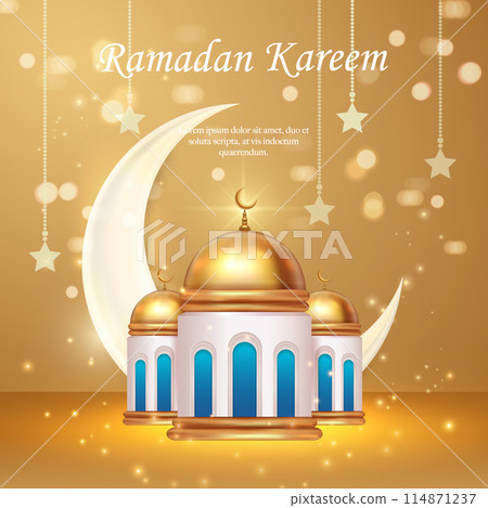 3D Islamic traditional architecture building and crescent moon with golden shimmering bokeh background. suitable for Ramadan, Raya Hari, Eid al Adha Islamic holiday 3D Islamic traditional architecture building and crescent moon with golden shimmering bokeh background. suitable for Ramadan, Raya Hari, Eid al Adha Islamic holiday 114871237