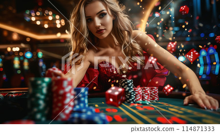 Woman in Red Dress Playing Poker 114871333