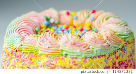 Madeira sponge coated with yellow colour frosting, layered with plum and raspberry jam 114871381