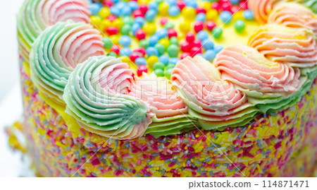 Madeira sponge coated with yellow colour frosting, layered with plum and raspberry jam 114871471