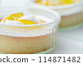 A dessert with a yellow center and white powdered sugar on top 114871482