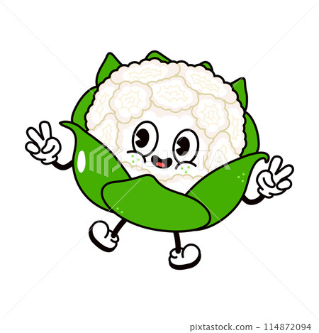 Jumping Cauliflower character. Vector hand drawn traditional cartoon vintage, retro, kawaii character illustration icon. Isolated on white background. Cauliflower jump character concept Jumping Cauliflower character. Vector hand drawn traditional cartoon vintage, retro, kawaii character illustration icon. Isolated on white background. Cauliflower jump character concept 114872094