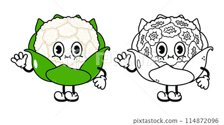 Cute funny Cauliflower waving hand character outline cartoon illustration for coloring book. Vector hand drawn traditional cartoon vintage, retro, cabbage character. Isolated on white background Cute funny Cauliflower waving hand character outline cartoon illustration for coloring book. Vector hand drawn traditional cartoon vintage, retro, cabbage character. Isolated on white background 114872096