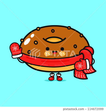 Funny smiling happy Chocolate Donut christmas. Vector flat cartoon character illustration icon design. Isolated on blue background Funny smiling happy Chocolate Donut christmas. Vector flat cartoon character illustration icon design. Isolated on blue background 114872099