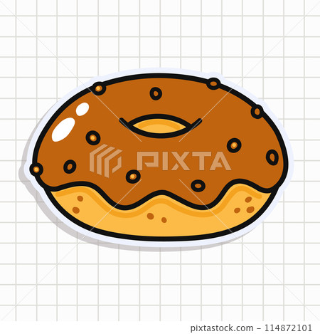 Cute funny Chocolate Donut sticker. Vector hand drawn cartoon kawaii character illustration icon. Isolated on background. Chocolate Donut card character concept 114872101