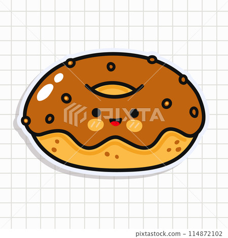 Cute funny Chocolate Donut sticker. Vector hand drawn cartoon kawaii character illustration icon. Isolated on background. Chocolate Donut card character concept Cute funny Chocolate Donut sticker. Vector hand drawn cartoon kawaii character illustration icon. Isolated on background. Chocolate Donut card character concept 114872102
