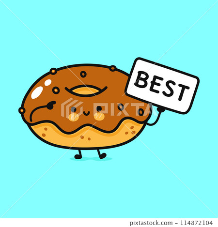 Cute Chocolate Donut with poster best. Vector hand drawn cartoon kawaii character illustration icon. Isolated on blue background. Chocolate Donut think concept Cute Chocolate Donut with poster best. Vector hand drawn cartoon kawaii character illustration icon. Isolated on blue background. Chocolate Donut think concept 114872104