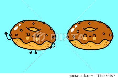 Chocolate Donut character. Vector hand drawn cartoon kawaii character illustration icon. Isolated on blue background. Chocolate Donut character concept Chocolate Donut character. Vector hand drawn cartoon kawaii character illustration icon. Isolated on blue background. Chocolate Donut character concept 114872107