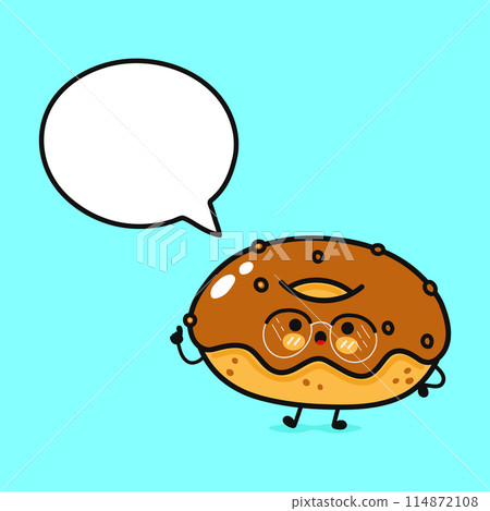 Chocolate Donut with speech bubble. Vector hand drawn cartoon kawaii character illustration icon. Isolated on blue background. Chocolate Donut character concept Chocolate Donut with speech bubble. Vector hand drawn cartoon kawaii character illustration icon. Isolated on blue background. Chocolate Donut character concept 114872108