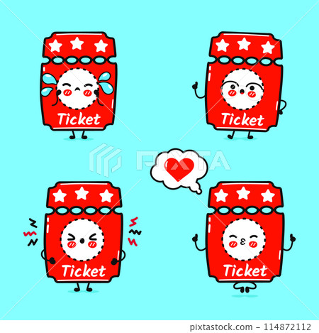 Funny cute happy Cinema ticket characters bundle set. Vector hand drawn doodle style cartoon character illustration. Isolated on blue background. Ticket mascot character collection Funny cute happy Cinema ticket characters bundle set. Vector hand drawn doodle style cartoon character illustration. Isolated on blue background. Ticket mascot character collection 114872112