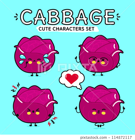 Funny cute happy Broccoli characters bundle set. Vector hand drawn doodle style cartoon character illustration. Isolated on blue background. Broccoli mascot character collection 114872117