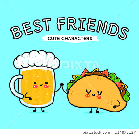 Cute, funny happy glass of beer and taco. Vector hand drawn cartoon kawaii characters, illustration icon. Funny cartoon glass of beer and taco mascot friends concept 114872127