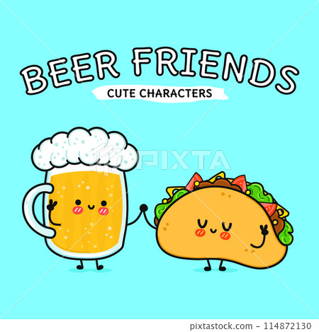 Cute, funny happy glass of beer and taco. Vector hand drawn cartoon kawaii characters, illustration icon. Funny cartoon glass of beer and taco mascot friends concept 114872130