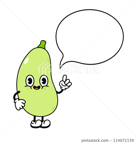 Vegetable marrow with speech bubble character. Vector hand drawn traditional cartoon vintage, retro, kawaii character illustration icon. Isolated white background. Vegetable marrow character 114872139
