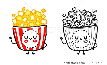 Funny cute happy Popcorn characters bundle set. Vector hand drawn cartoon kawaii character illustration icon. Cute Popcorn. Outline cartoon illustration for coloring book 114872149