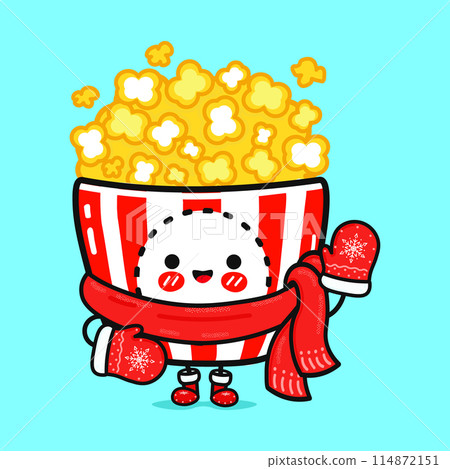 Funny smiling happy Popcorn christmas. Vector flat cartoon character illustration icon design. Isolated on blue background 114872151