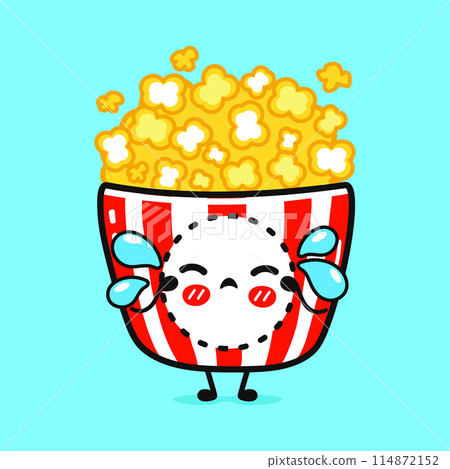 Crying Popcorn character. Vector hand drawn cartoon kawaii character illustration icon. Isolated on blue background. Sad Popcorn character concept 114872152