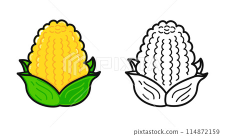 Funny cute happy Corn characters bundle set. Vector hand drawn cartoon kawaii character illustration icon. Cute Corn. Outline cartoon illustration for coloring book 114872159