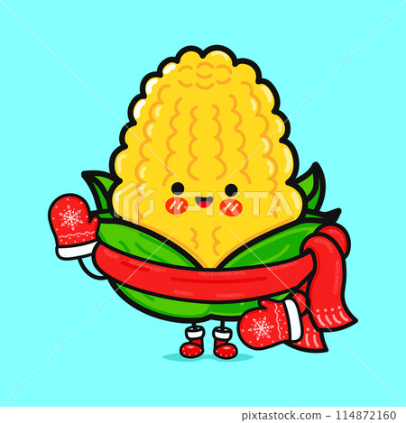 Funny smiling happy Corn christmas. Vector flat cartoon character illustration icon design. Isolated on blue background 114872160