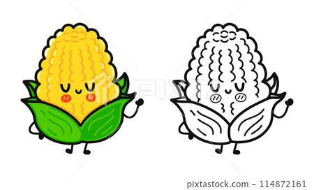 Funny cute happy Corn characters bundle set. Vector hand drawn cartoon kawaii character illustration icon. Cute Corn. Outline cartoon illustration for coloring book 114872161